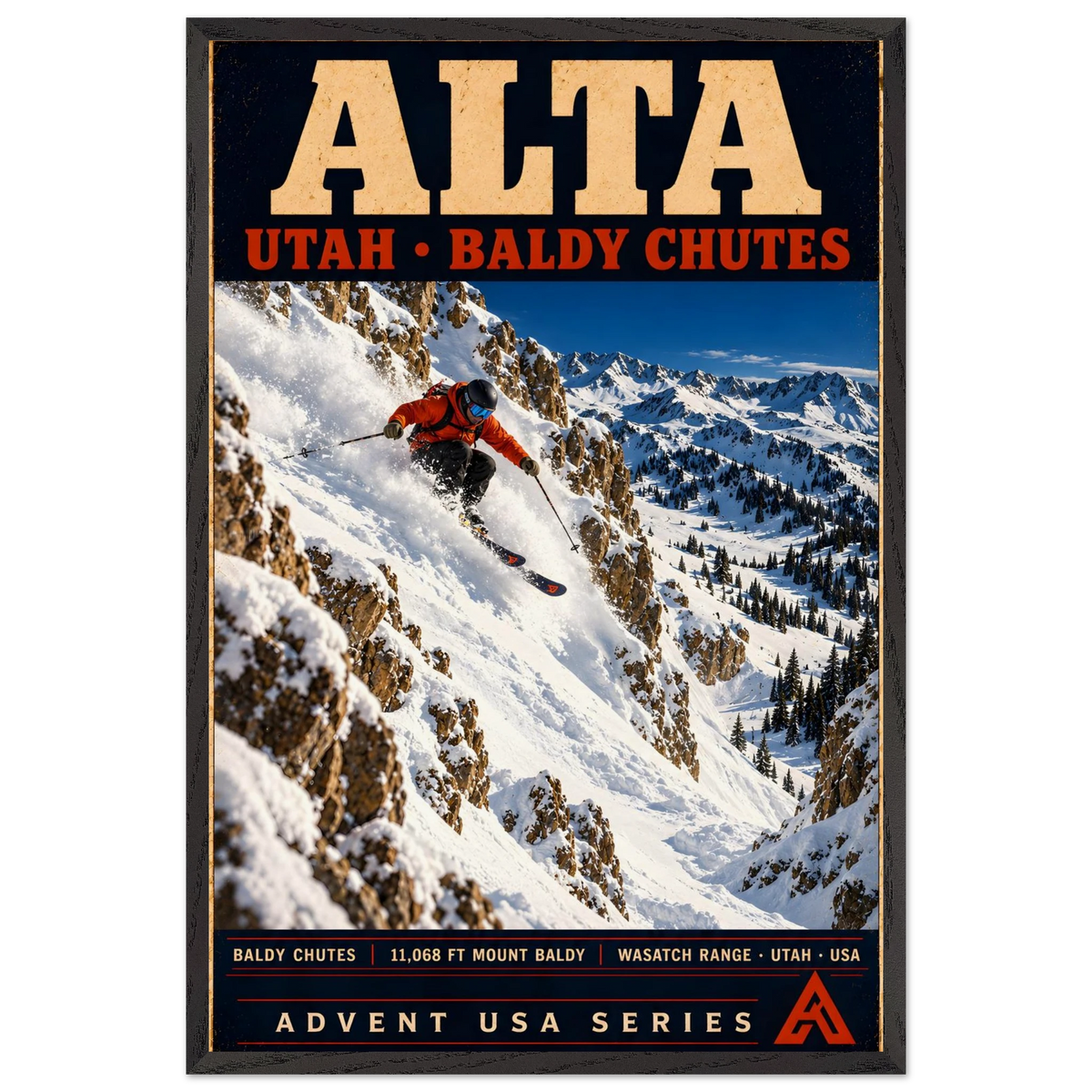 Alta art print in a Black Ash frame, showing an orange-jacketed skier descending deep powder between rocky walls above a snowy mountain valley.