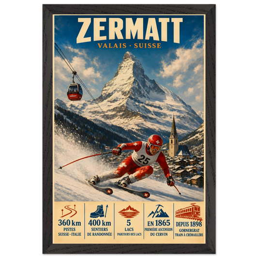 Zermatt art print in a Black Ash frame, showing a red-suited ski racer beneath the Matterhorn.