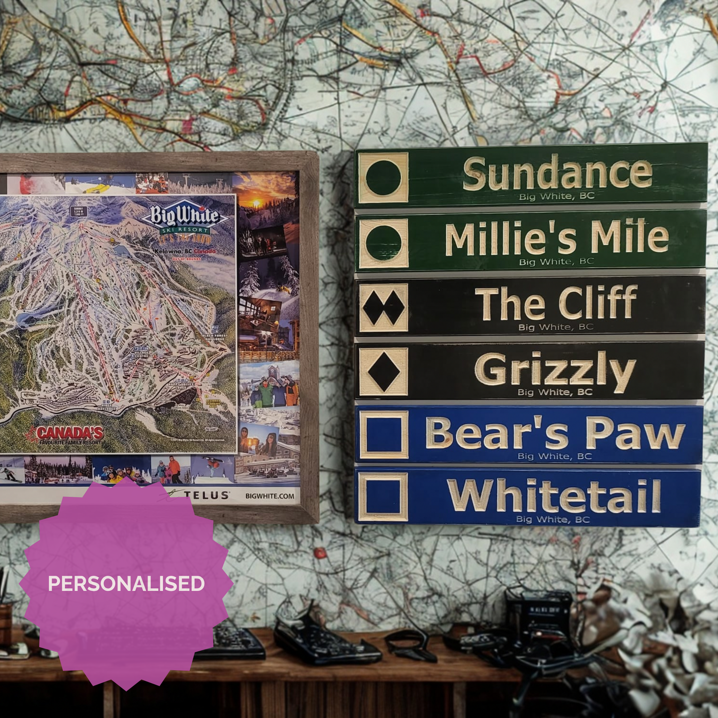 4 x 24 and larger Ski Trail Inspired personalized wood carved sign