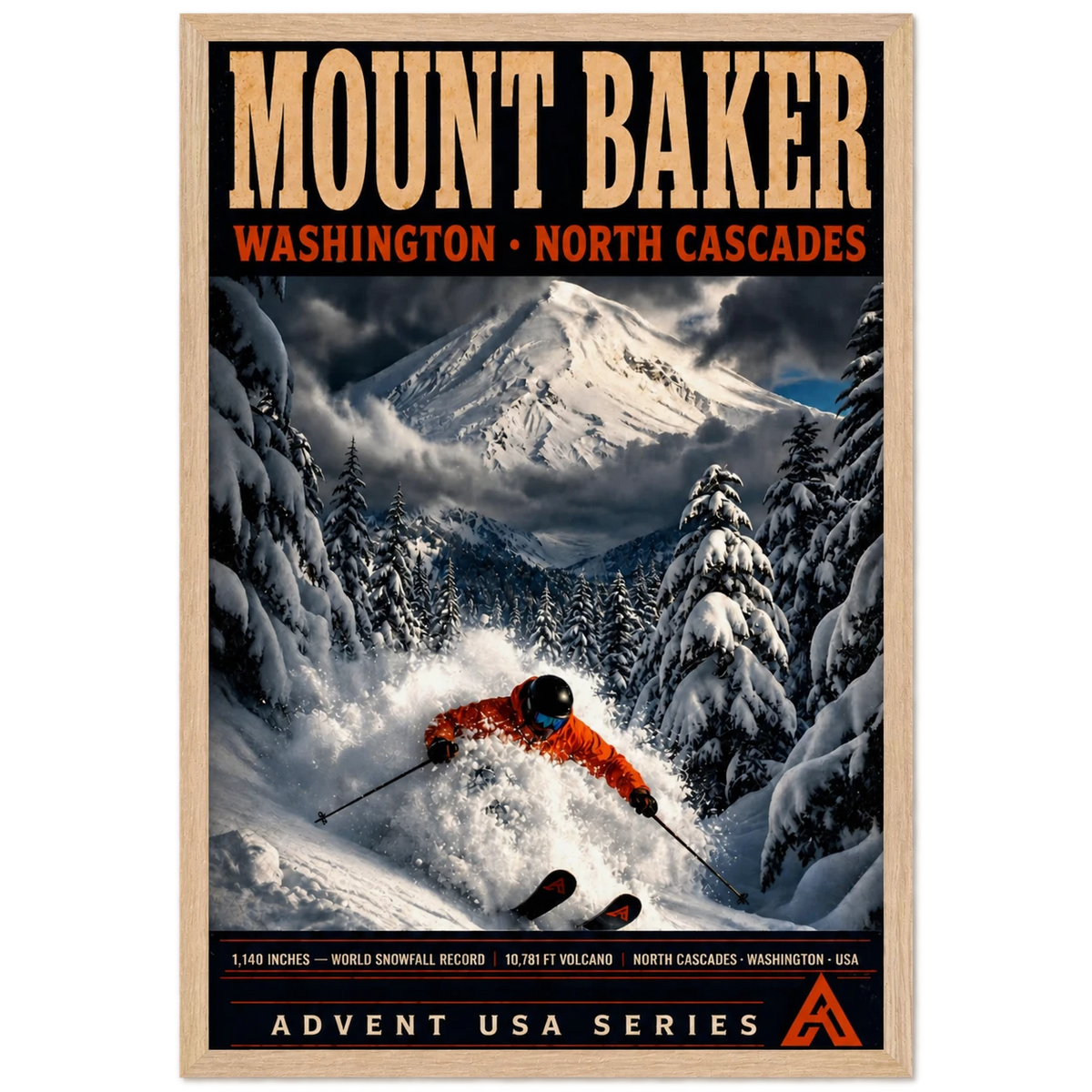 Mount Baker art print in a Natural Oak frame, showing an orange-jacketed skier turning through deep powder between snow-covered trees beneath the mountain.