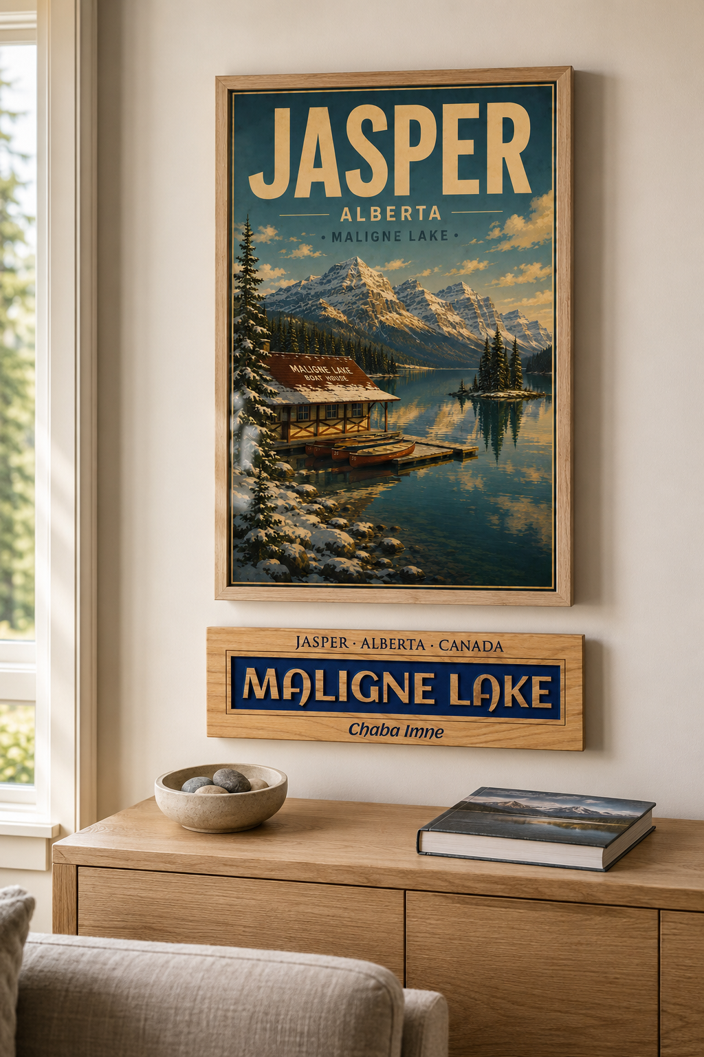 Maligne Lake Wood Sign | Relief Carved Pine Plank | Chaba Imne | Ready to Hang