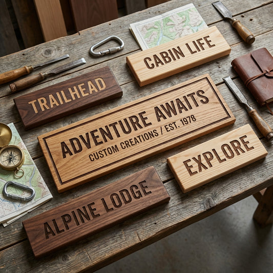 Wooden signs with engraved text on a rustic wooden table.