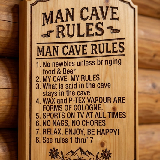 "Man Cave Rules" Alpine Themed Wood Sign