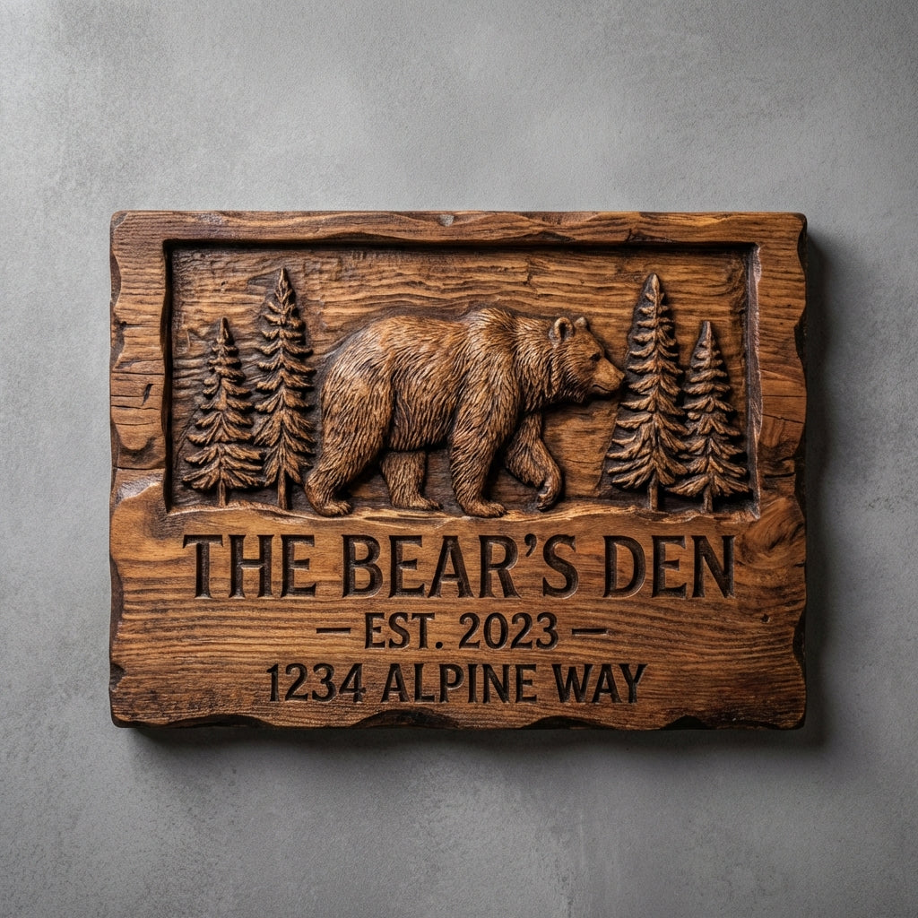 Personalized Rustic House Number Sign with Bear Scene