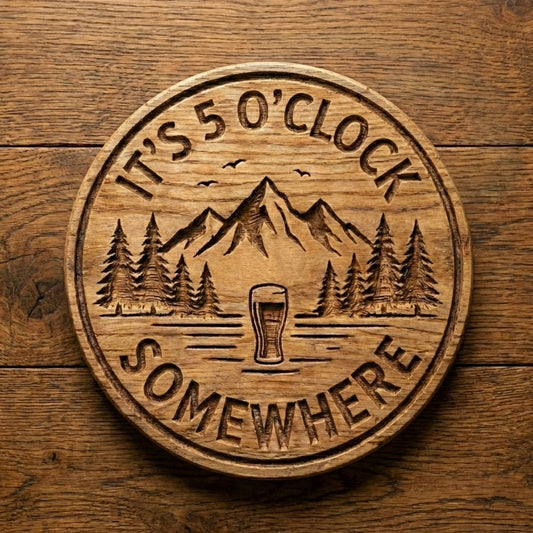 Close-up detail of the carved lettering on the "It's 5 O'Clock Somewhere" wood sign.