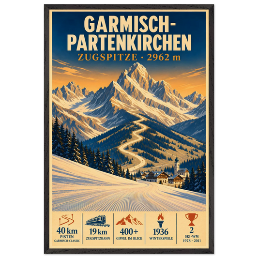 Garmisch art print in a Black Ash frame, showing snowy slopes and a village beneath the Zugspitze.