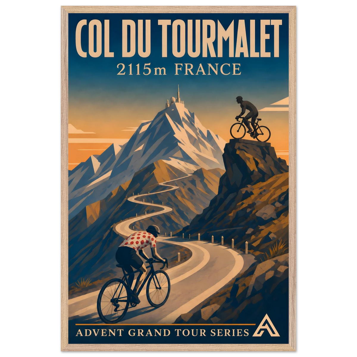 Col du Tourmalet art print in a Natural Oak frame, showing a cyclist in a white jersey with red polka dots on a winding mountain road.