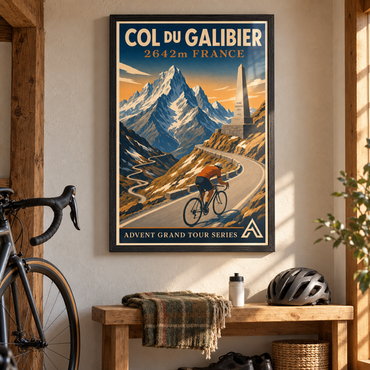 Col du Galibier art print in a Black Ash frame above an oak bench beside a road bicycle in an Alpine home, showing a cyclist on a mountain road.