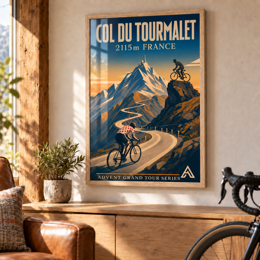Col du Tourmalet art print in a Natural Oak frame above an oak console beside a leather chair and road bicycle, showing a cyclist in a red polka-dot jersey on a mountain road.
