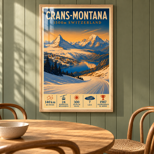 Crans-Montana framed art print in Natural Oak displayed in a sage-green panelled dining nook above a round oak table, with sunlight reflecting across the glazing.