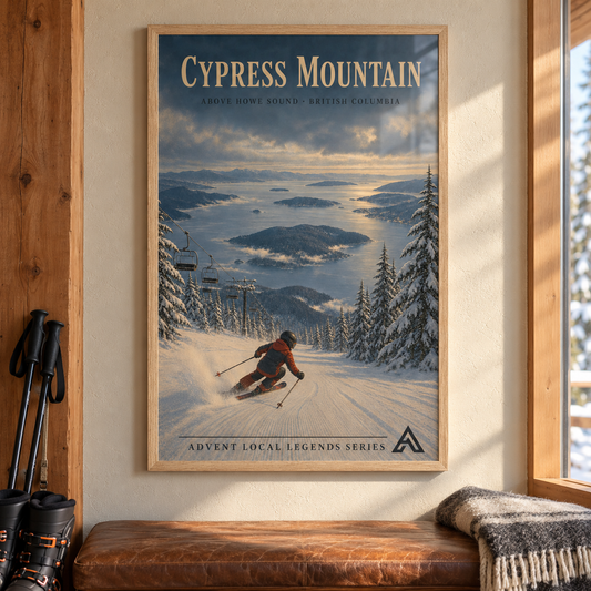 Cypress Mountain art print in a Natural Oak frame above a leather bench beside ski boots and poles, showing a skier above Howe Sound and its islands.