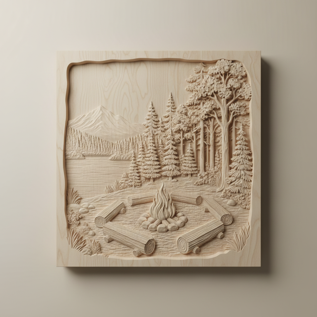 CNC-carved full 3D relief campfire with log seats in forest clearing, natural timber carving