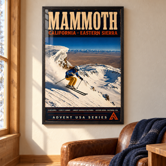Mammoth Mountain art print in a Black Ash frame above a leather armchair with a navy wool throw, showing a skier descending a snowy bowl beneath the Eastern Sierra skyline.