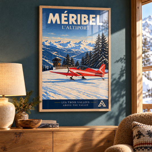 Méribel L’Altiport framed art print in Natural Oak above an elm cabinet against a teal wall, with winter sunlight reflecting across the glazing.
