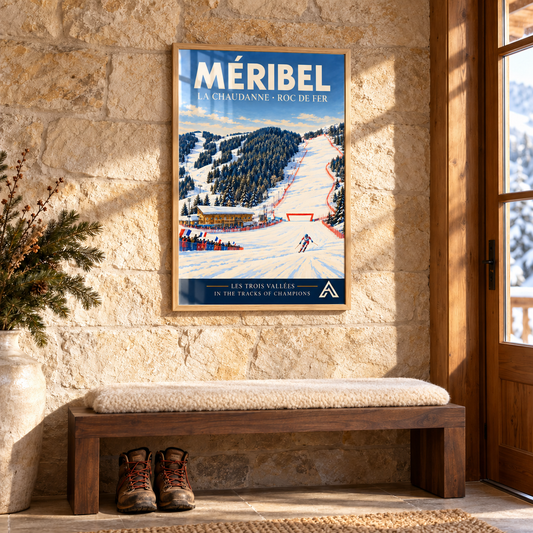 Méribel La Chaudanne and Roc de Fer framed art print in Natural Oak above a walnut entrance bench against a limestone wall, with winter sunlight on the glazing.