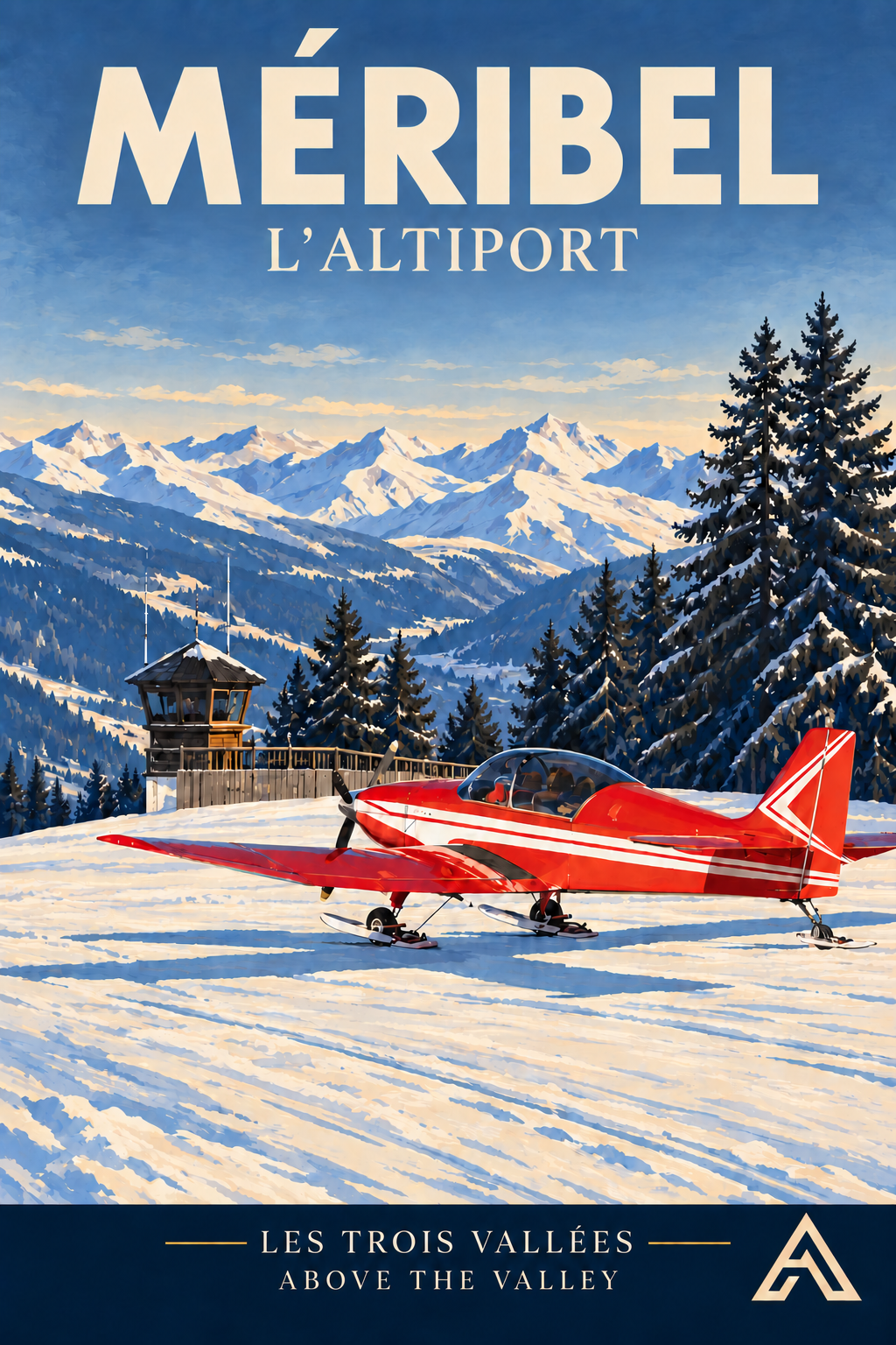 Méribel — L’Altiport vintage art print showing a red ski-equipped aeroplane beside the altiport tower, snowy fir trees and sunlit French Alpine peaks.