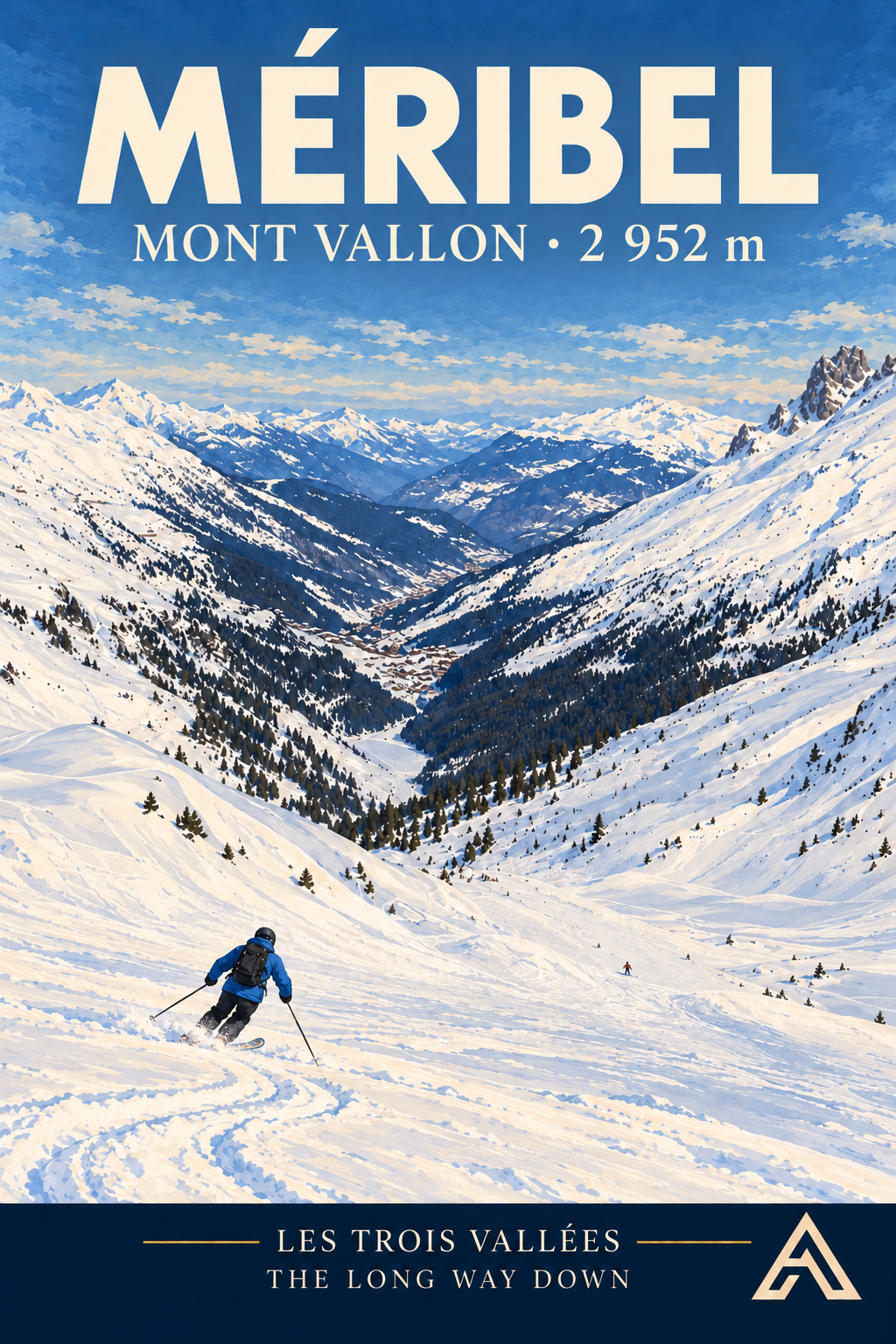 Méribel — Mont Vallon vintage art print showing a lone skier in blue descending an open snowy slope towards a long Alpine valley.