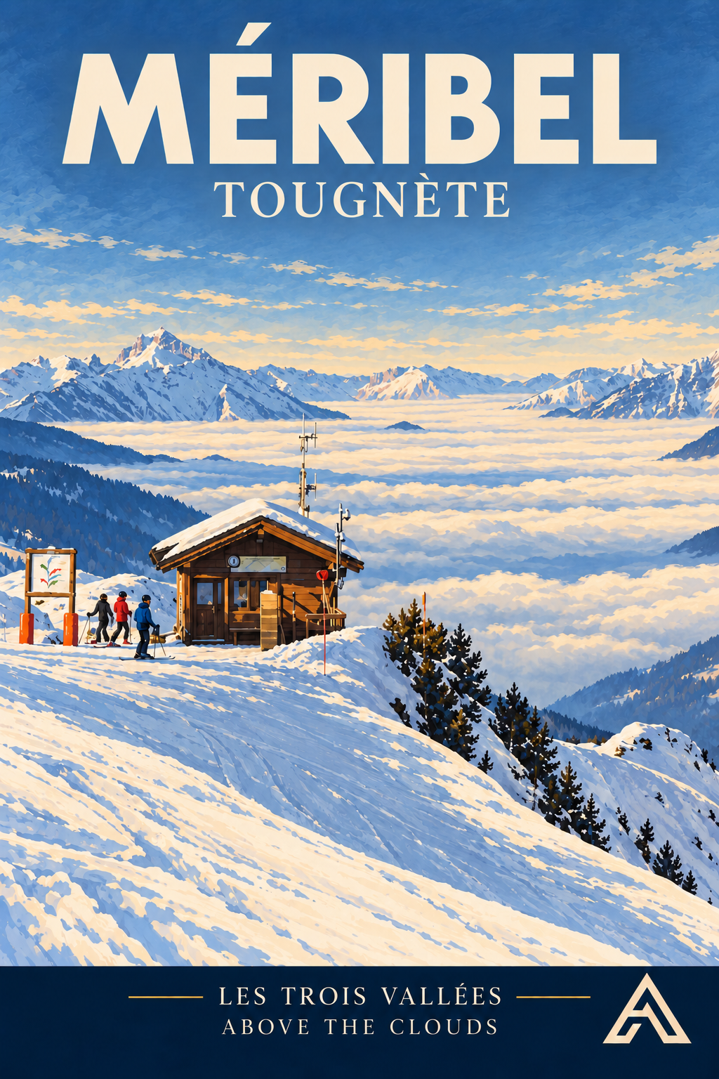 Méribel — Tougnète vintage art print showing a timber building and skiers on a snowy ridge above a sea of cloud.