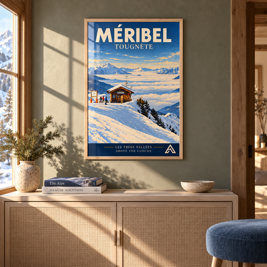Méribel Tougnète art print in a natural oak frame, displayed above a woven-front ash console in a sunlit alpine room.
