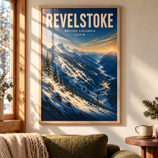Revelstoke art print in a Natural Oak frame on a sunlit mountain-home wall above a green sofa, showing snowy ridges, a gondola and a forested river valley.