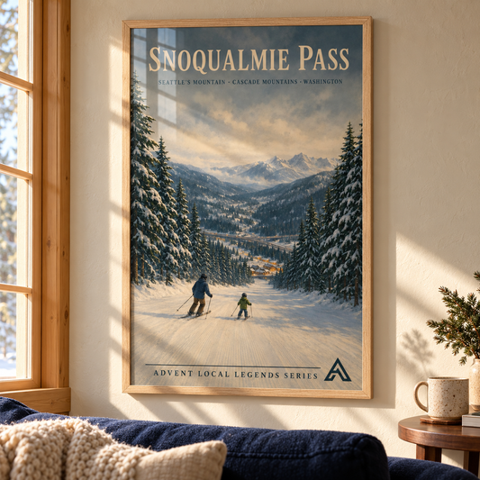 Snoqualmie Pass art print in a Natural Oak frame above a navy sofa, with sunlight across the artwork of a parent and child skiing a forest-lined slope.