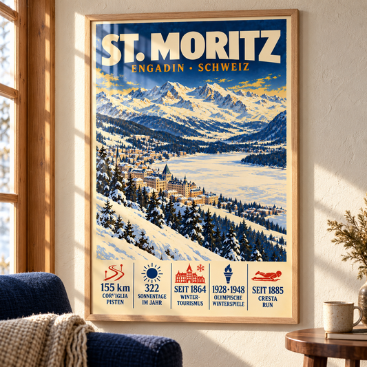 St. Moritz art print in a Natural Oak frame on a sunlit wall beside a blue armchair, showing the snowy town, frozen lake and Engadin mountain peaks.
