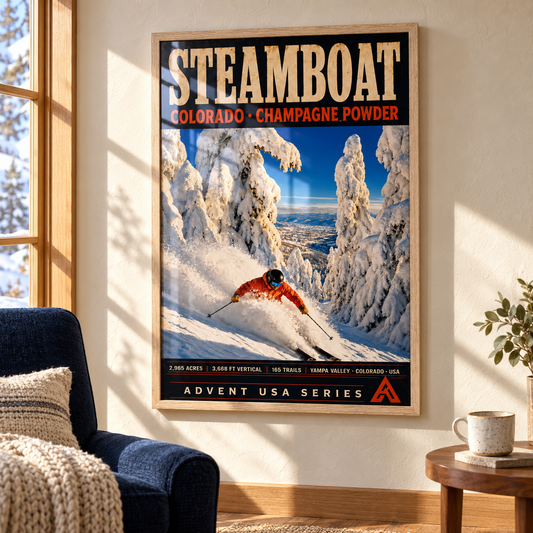 Steamboat Springs art print in a Natural Oak frame on a sunlit wall beside a navy armchair, with window reflections across the skier and snowy forest artwork.