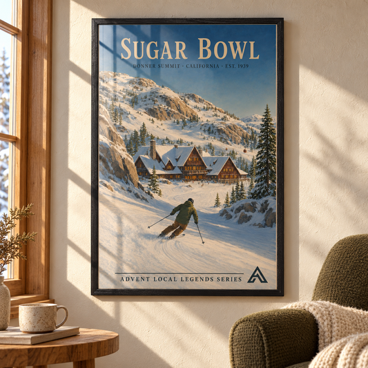 Sugar Bowl art print in a Black Ash frame on a sunlit wall beside an olive armchair, with window reflections across the snowy mountains, alpine lodge and skier artwork.