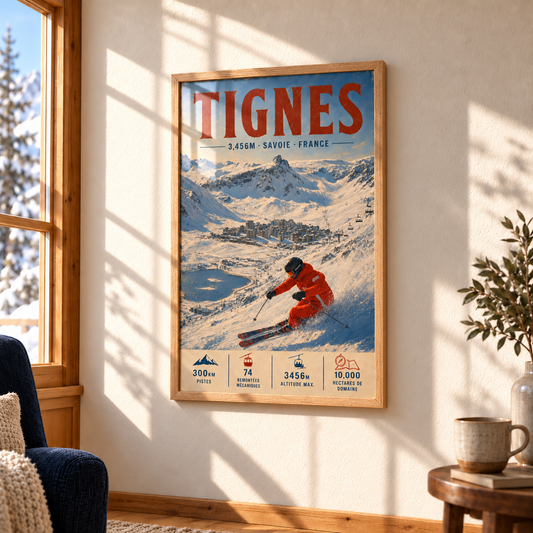 Tignes art print in a Natural Oak frame on a sunlit wall beside a navy armchair, showing a red-suited skier above the lake and town, with window reflections on the print.