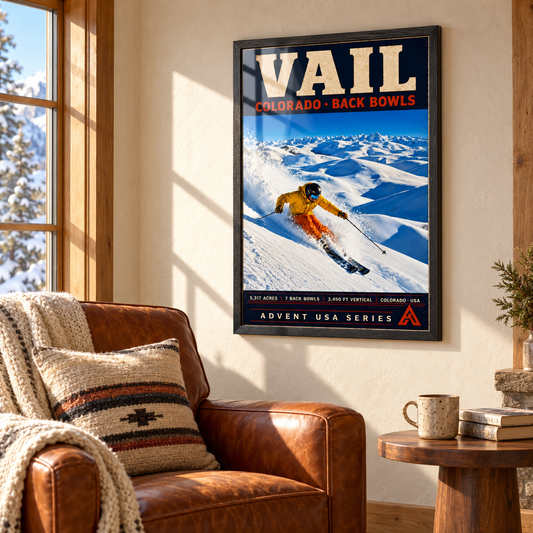 Vail Back Bowls art print in a Black Ash frame on a sunlit wall beside a brown leather armchair, with window reflections across the yellow-jacketed skier and snowy mountain artwork.