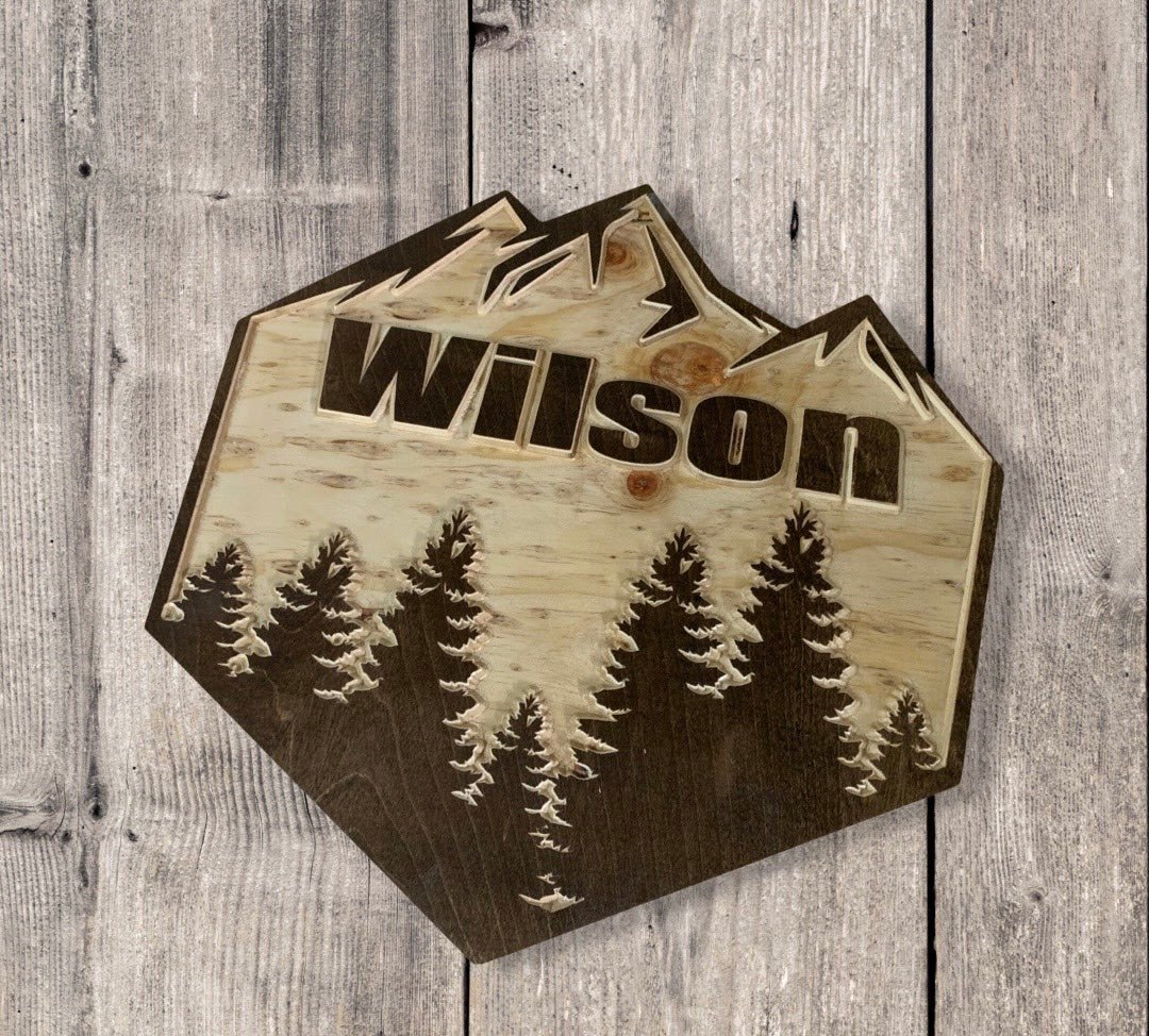Mountain & Trees Family Name Sign - Advent Wood Products