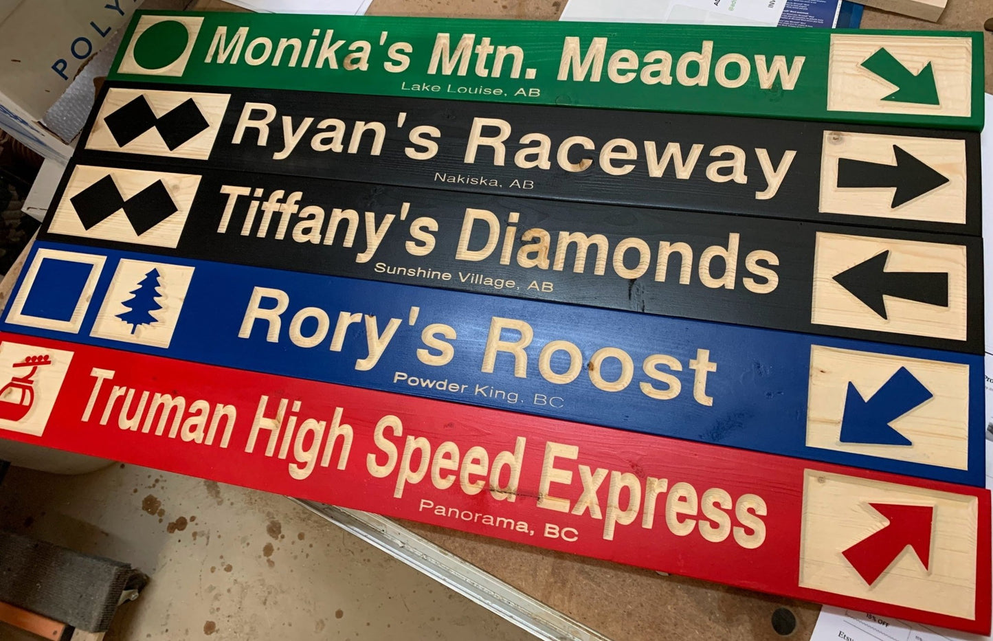 4 x 24 and larger Ski Trail Inspired personalized wood carved sign - Advent Wood Products