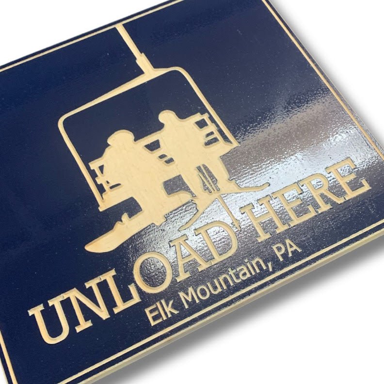 Ski "Unload Here" chairlift couple sign - Advent Wood Products