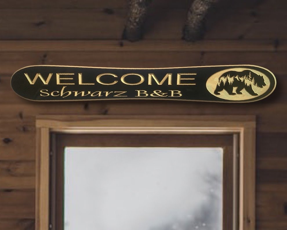 Welcome personalized snowboard / fat ski shaped sign with spirit bear - Advent Wood Products