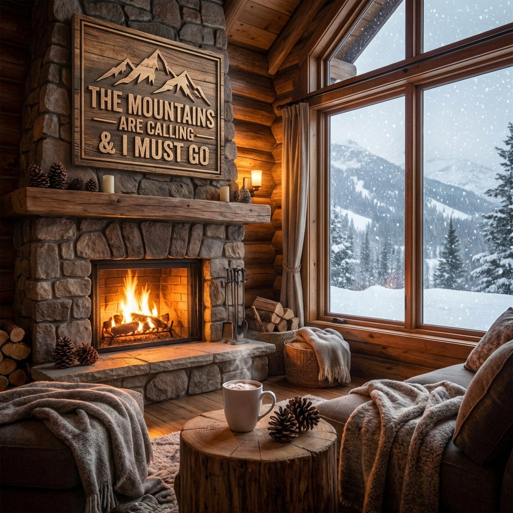 Cozy mountain cabin living room with stone fireplace, wood sign, snowy window view, and blankets