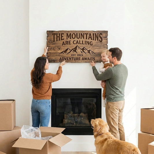 Family hanging custom wood mountain sign above fireplace in new home with moving boxes and dog