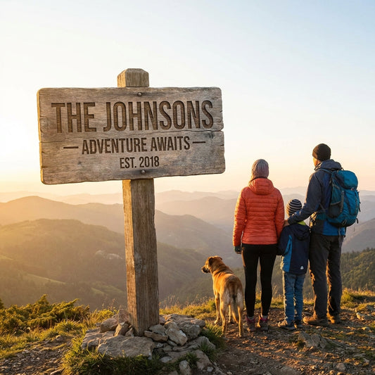 Custom wood mountain sign at sunrise with family and dog overlooking scenic hiking view.