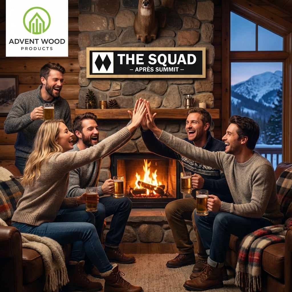 Group of friends in mountain cabin with custom wood sign, fireplace, and winter view.