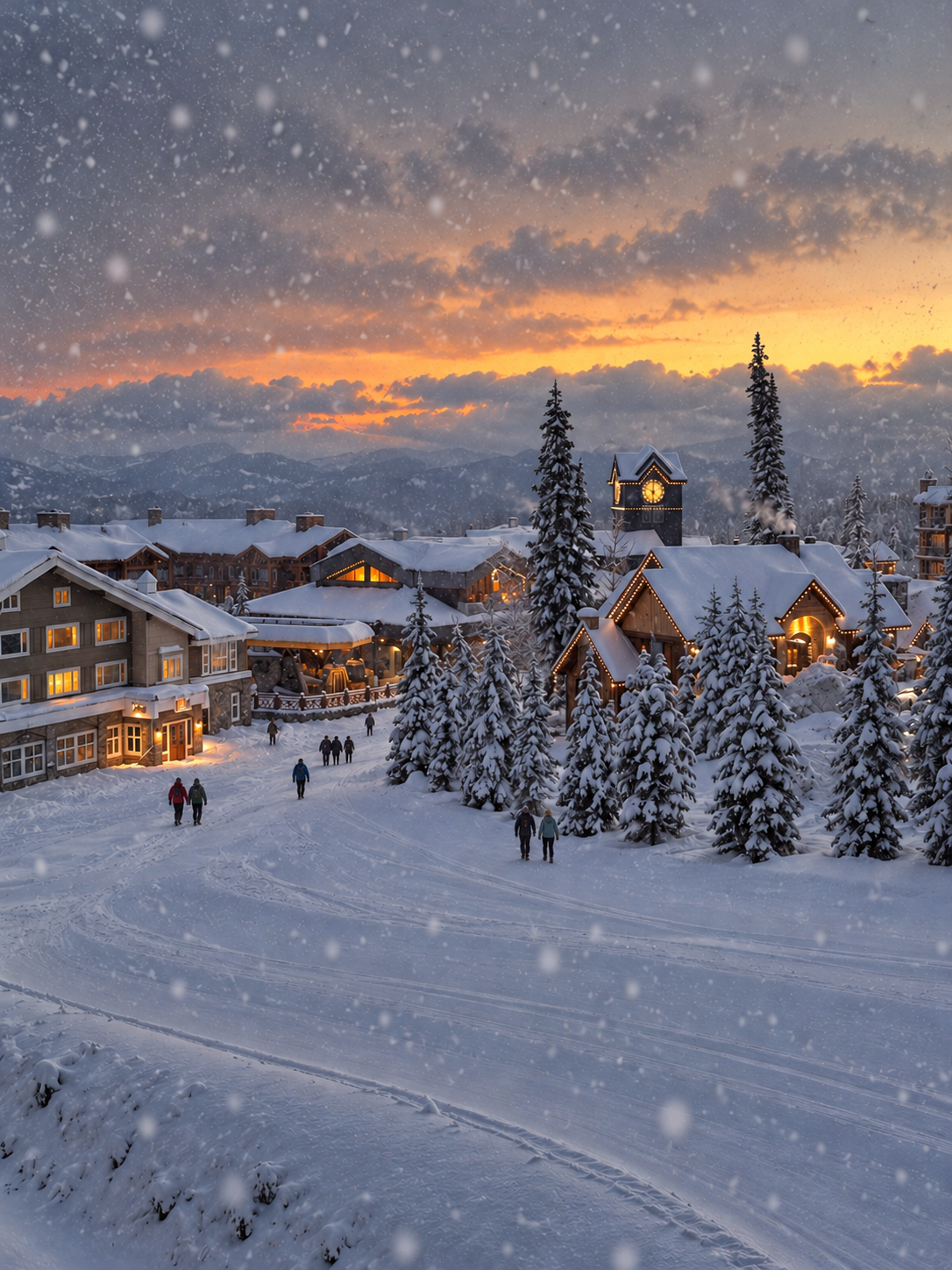 Falling snow over Big White village at dusk, with people walking past warmly lit buildings and the clock tower
