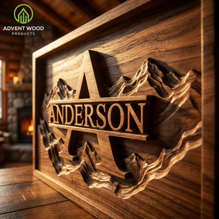 Custom carved wood sign with mountain design in cozy cabin setting, fireplace background