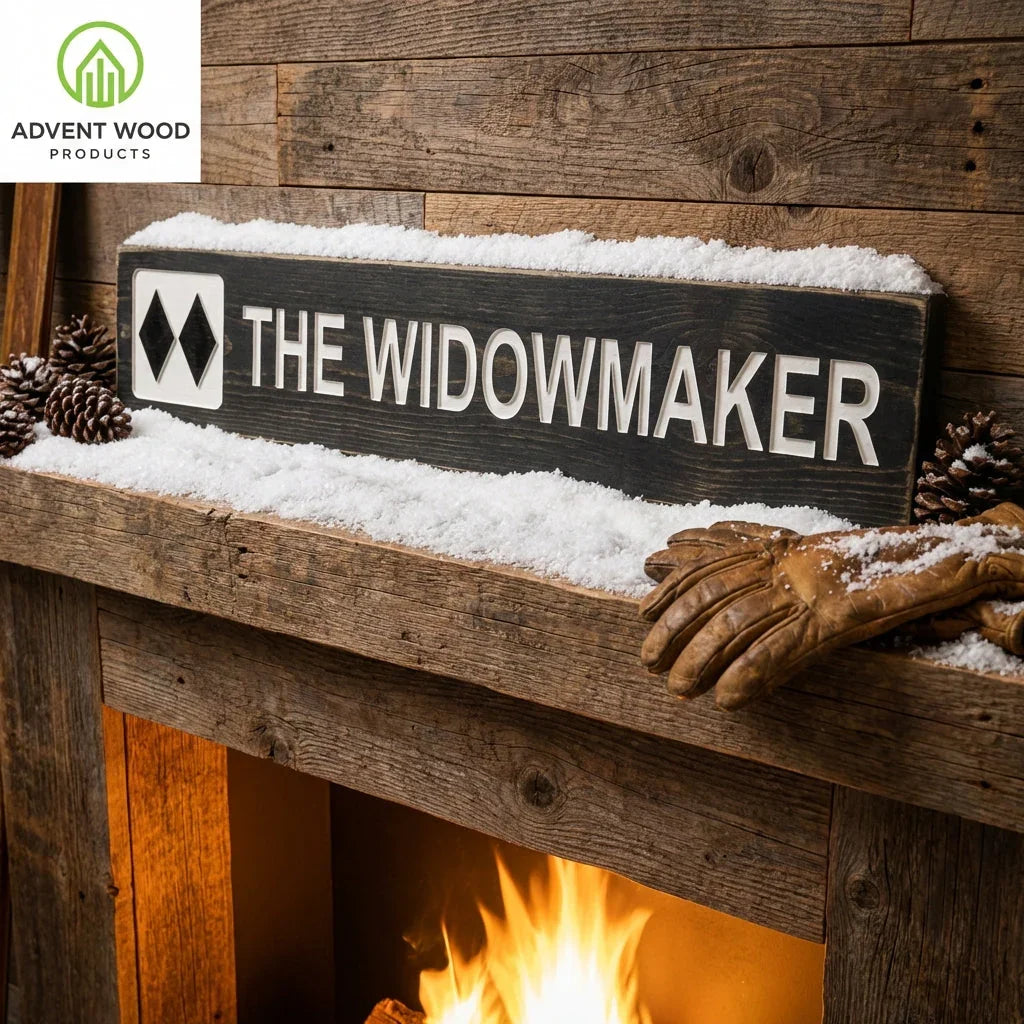 Custom wood ski trail sign The Widowmaker on rustic mantel with snow and pinecones
