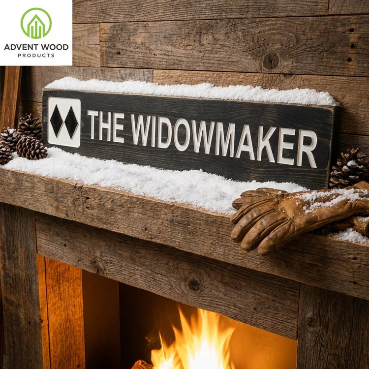 Custom wood ski trail sign The Widowmaker on rustic mantel with snow and pinecones