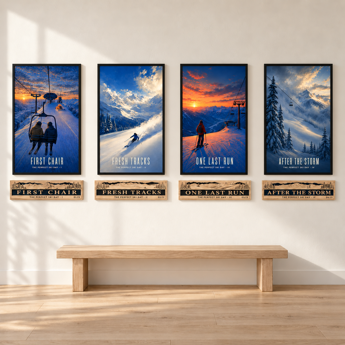 The Perfect Ski Day — Advent Limited Edition series. Four CNC carved signs and framed art prints capturing First Chair, Fresh Tracks, One Last Run, and After the Storm.