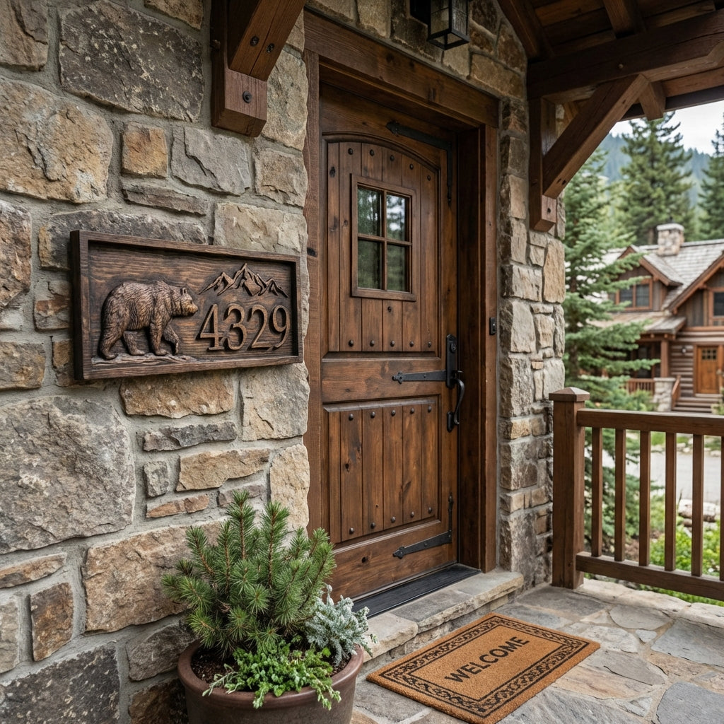Perosnalized house number sign with a wandering bear and mountain scene carved in to one piece of solid wood