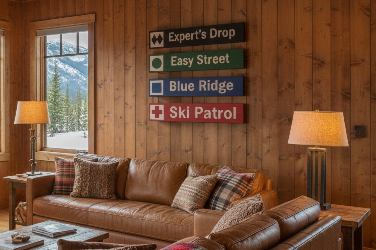 Custom wood ski trail sign The Widowmaker on rustic mantel with snow and pinecones