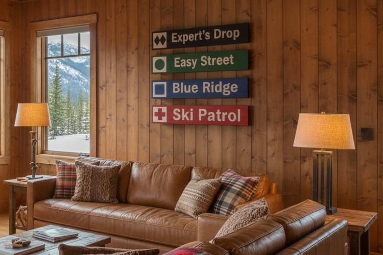 Custom wood ski trail sign The Widowmaker on rustic mantel with snow and pinecones