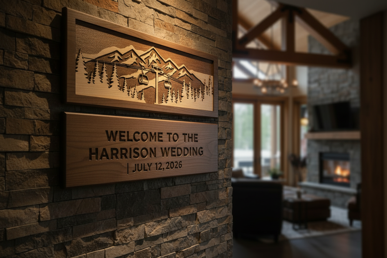 Rustic wood ski trail table sign for wedding, surrounded by candles, flowers, and glassware