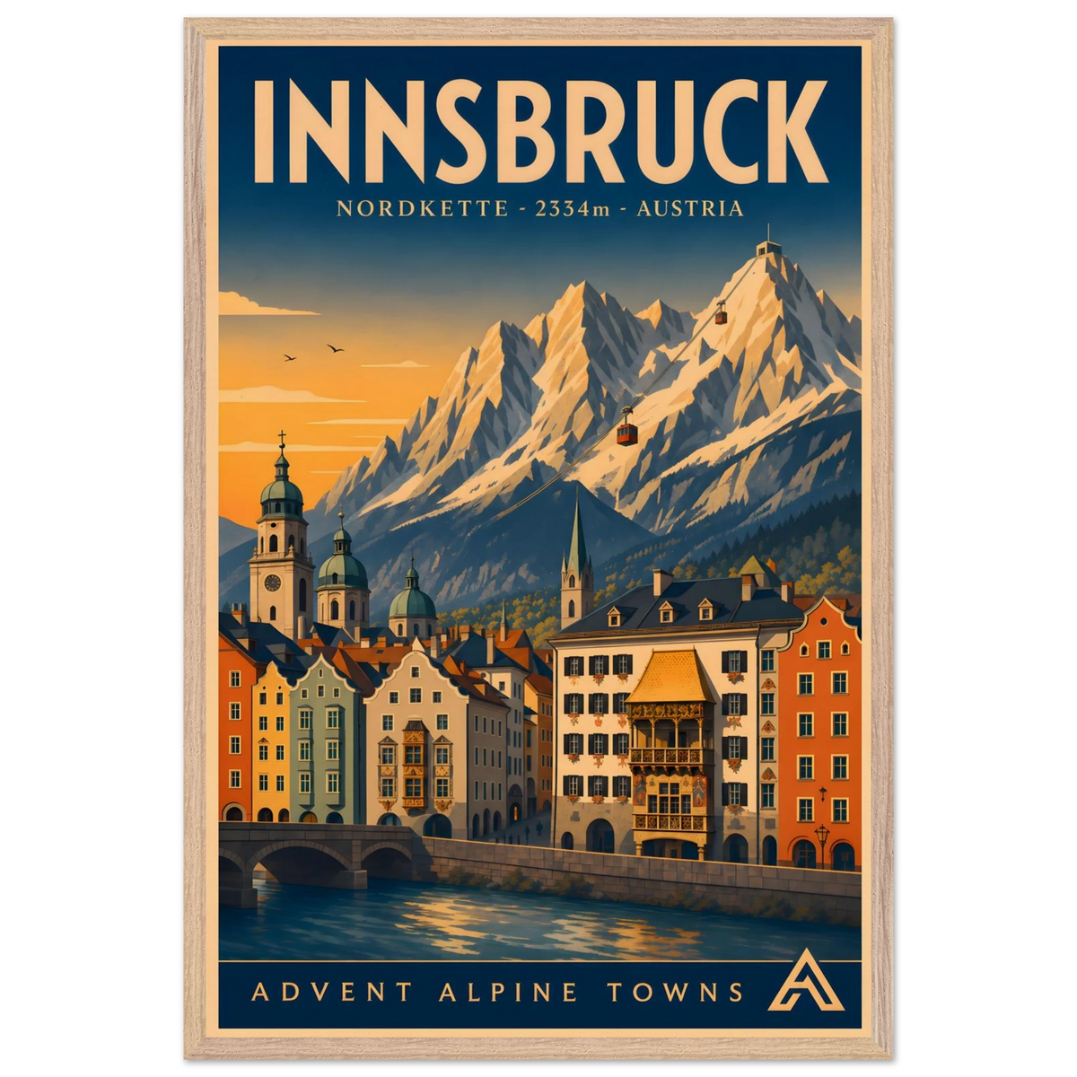 Innsbruck art print in a Natural Oak frame, showing colourful buildings beside the Inn River, with the Nordkette mountains and cable cars above.