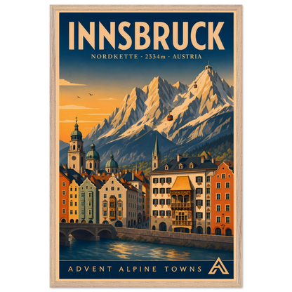 Innsbruck art print in a Natural Oak frame, showing colourful buildings beside the Inn River, with the Nordkette mountains and cable cars above.