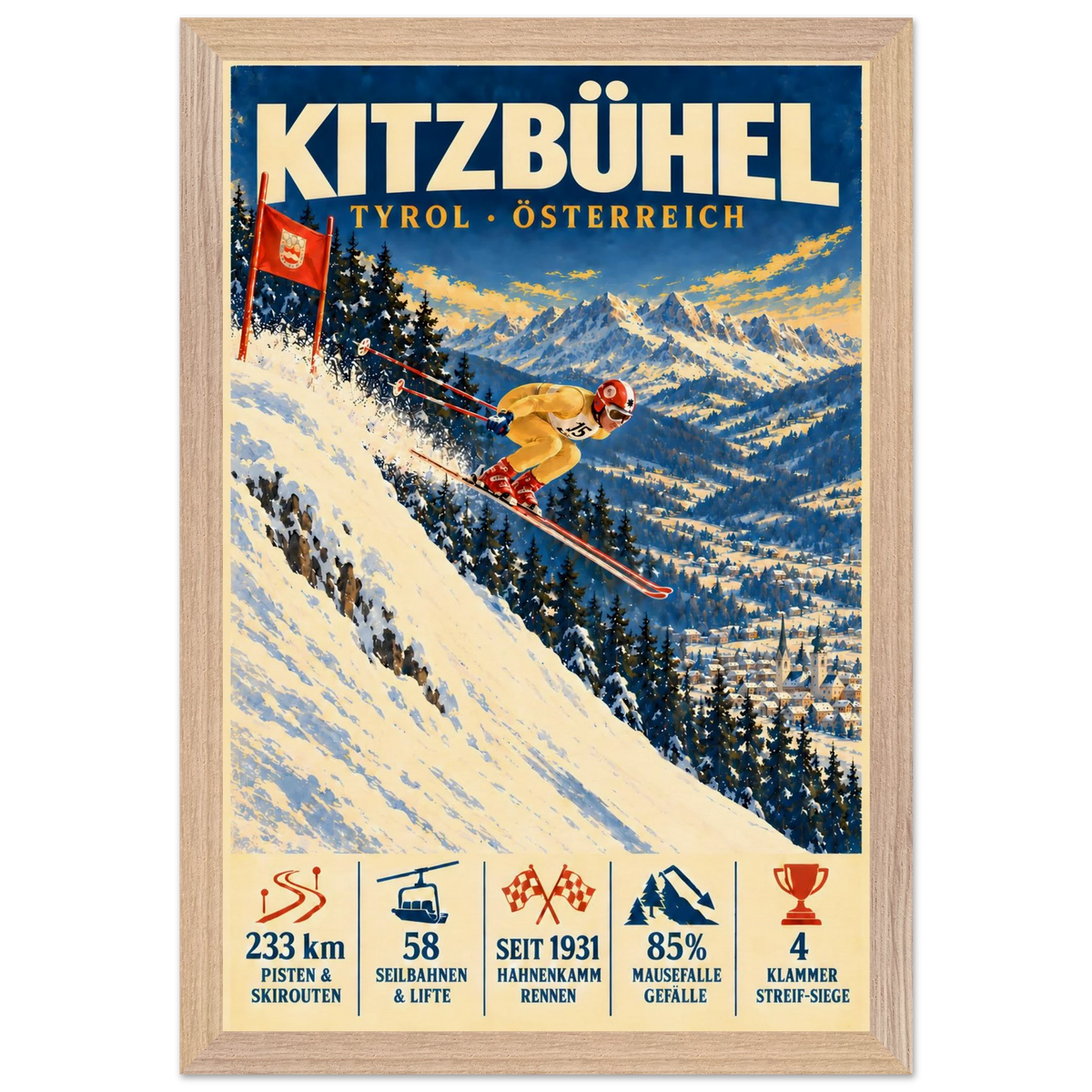 Kitzbühel art print in a Natural Oak frame, showing a yellow-suited ski racer jumping down a steep slope.